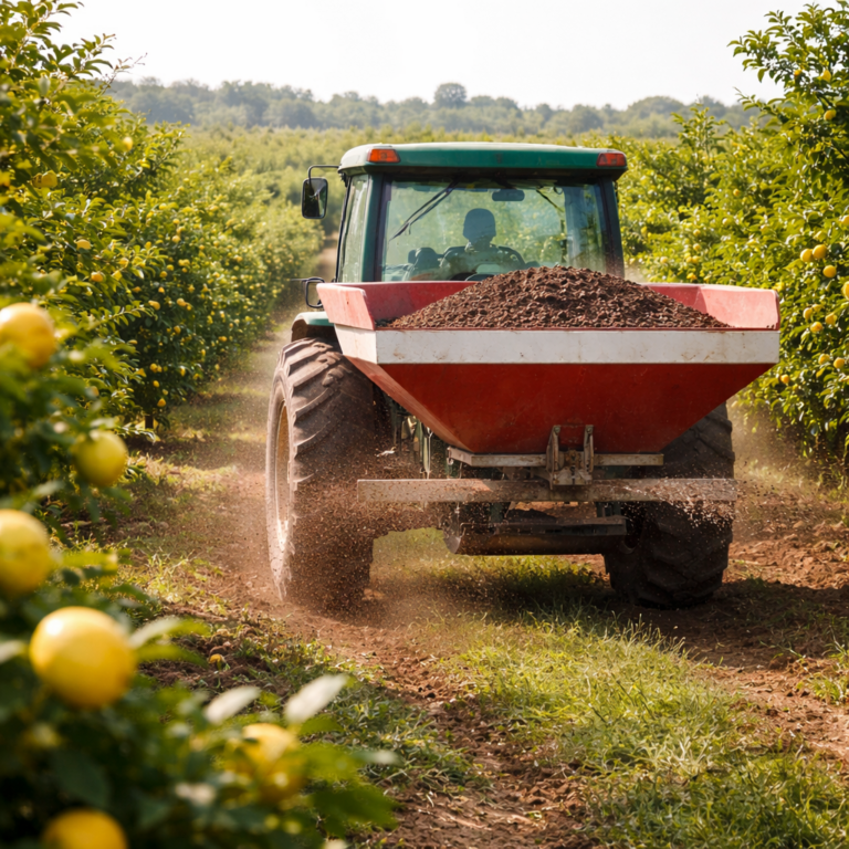 Trattore verde in un campo di limoni