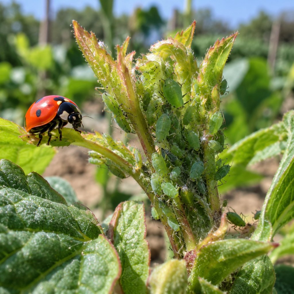 Afidi (Aphididae): riconoscimento, danni e difesa biologica e chimica 1 Afidi (Aphididae) in colonia su un germoglio di coltura orticola con coccinella predatrice - Agrimag, Corato (BA)