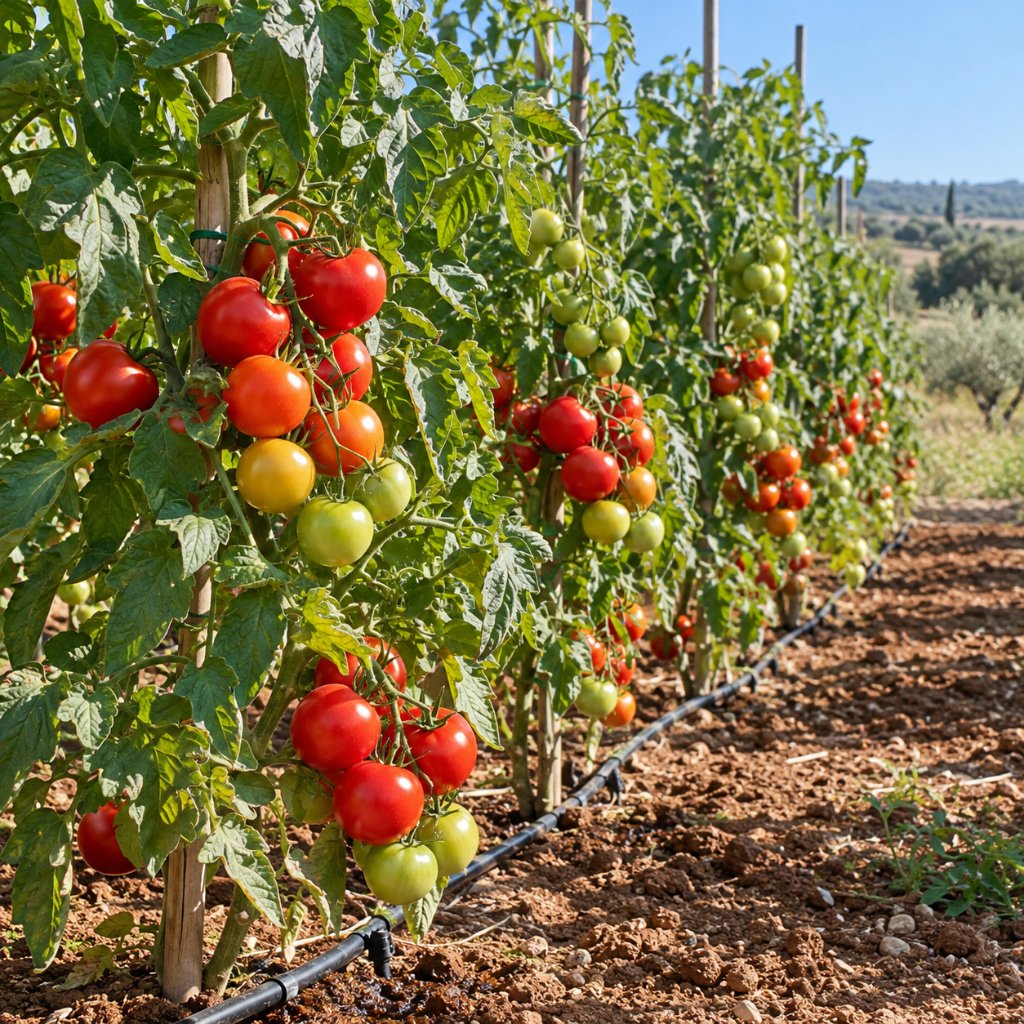 Concime per pomodori: qual è il migliore e come concimare fase per fase 1 Piante di pomodoro in pieno campo con ala gocciolante per la fertirrigazione in Puglia: concime per pomodori nelle diverse fasi - Agrimag, Corato (BA)