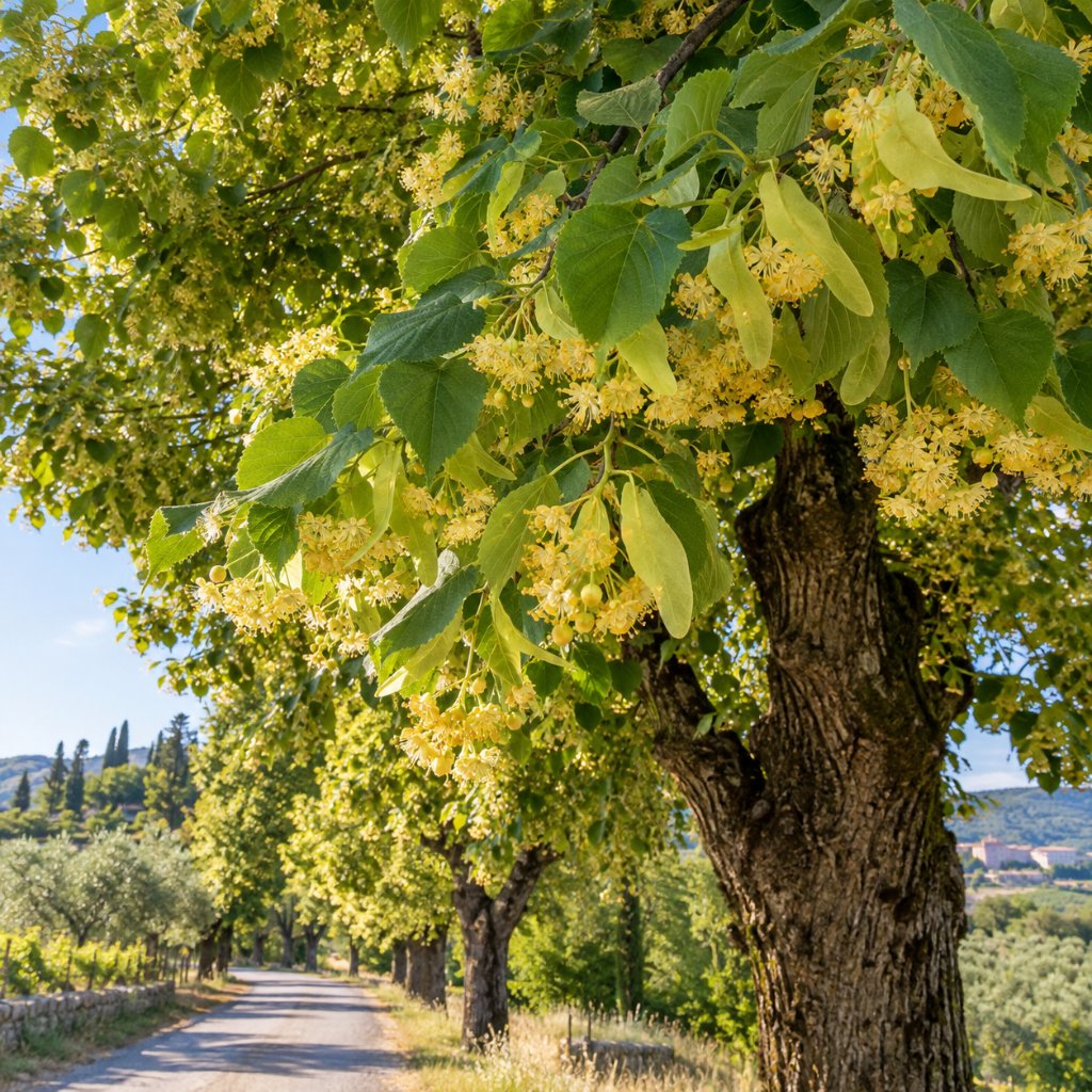 Tiglio: specie, coltivazione, potatura dei tigli e fiori per tisana 1 Tiglio in fioritura estiva lungo un viale di campagna con infiorescenze e brattee in primo piano - Agrimag, Corato (BA)